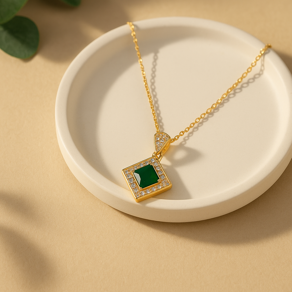 Elegant Green Stone Halo Pendant Necklace for Women | 14K Gold Plated Jewelry by Vow Bliss