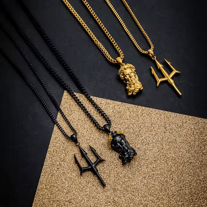 Poseidon Trident Pendant Necklace for Men | 14K Gold Stainless Steel