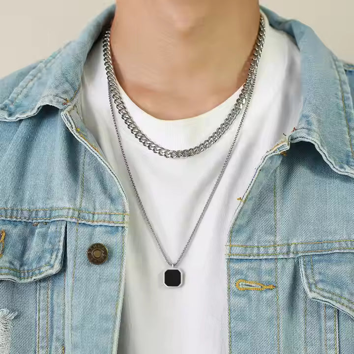 Men’s Trendy Onyx Stone Square Necklace (Silver) | 24 Inch Round Box Chain