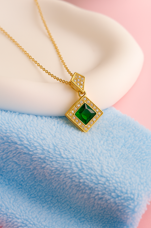 Elegant Green Stone Halo Pendant Necklace for Women | 14K Gold Plated Jewelry by Vow Bliss