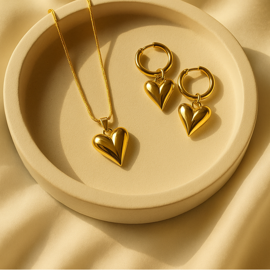 Gold Plated Heart Pendant Necklace with Hoop Earrings | Anti-Tarnish Combo