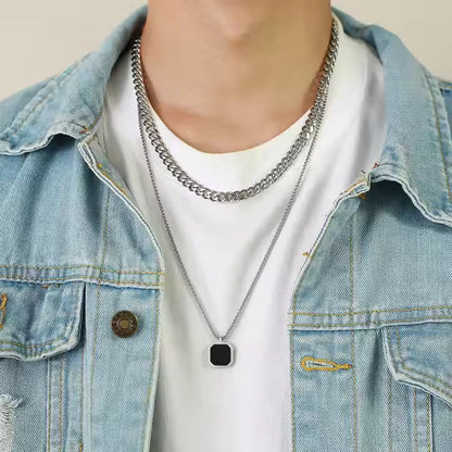 Men’s Trendy Onyx Stone Square Necklace (Silver) | 24 Inch Round Box Chain